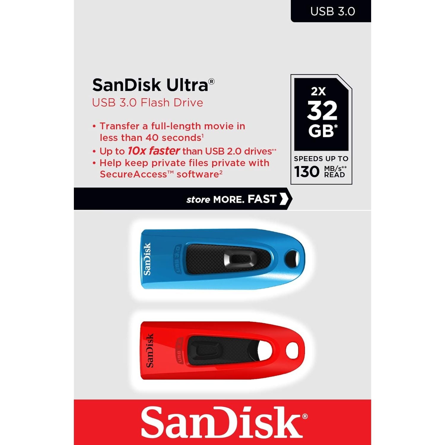 Buy SanDisk,SanDisk Ultra 32GB USB 3.0 Flash Drive - Up to 130MB/s Read, Twin Pack, Red/Blue - Gadcet UK | UK | London | Scotland | Wales| Near Me | Cheap | Pay In 3 | USB Flash Drives
